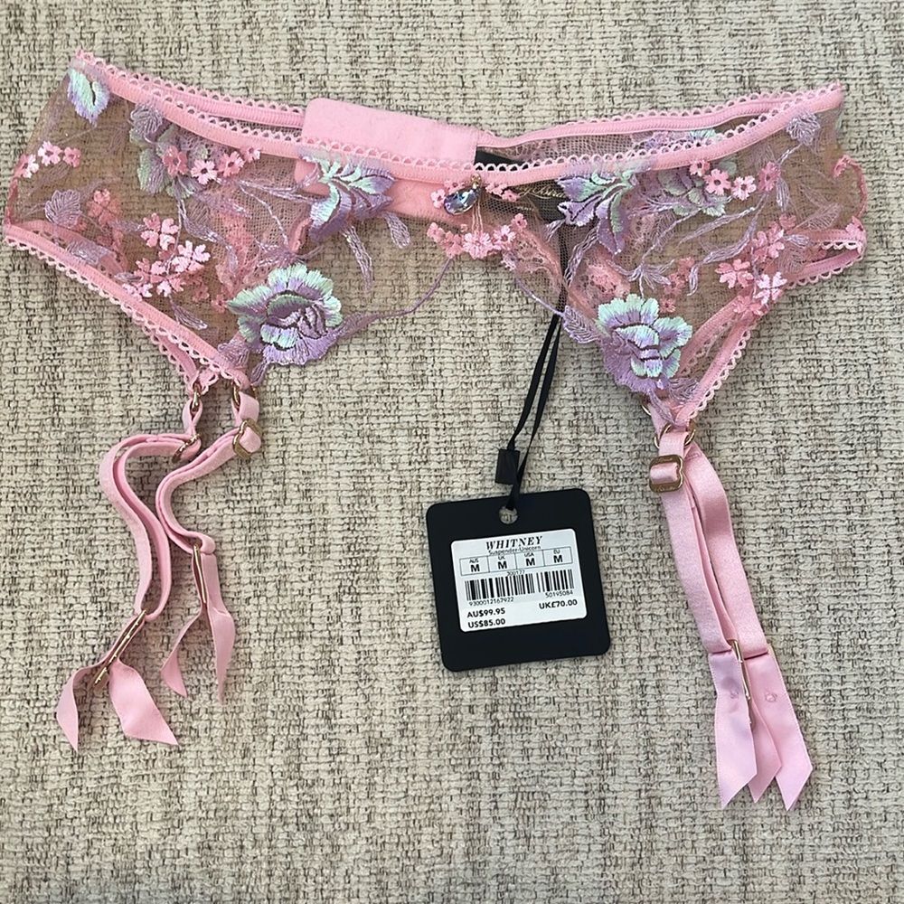 Honey Birdette Pink Floral Embroidered Lace Garter Belt
